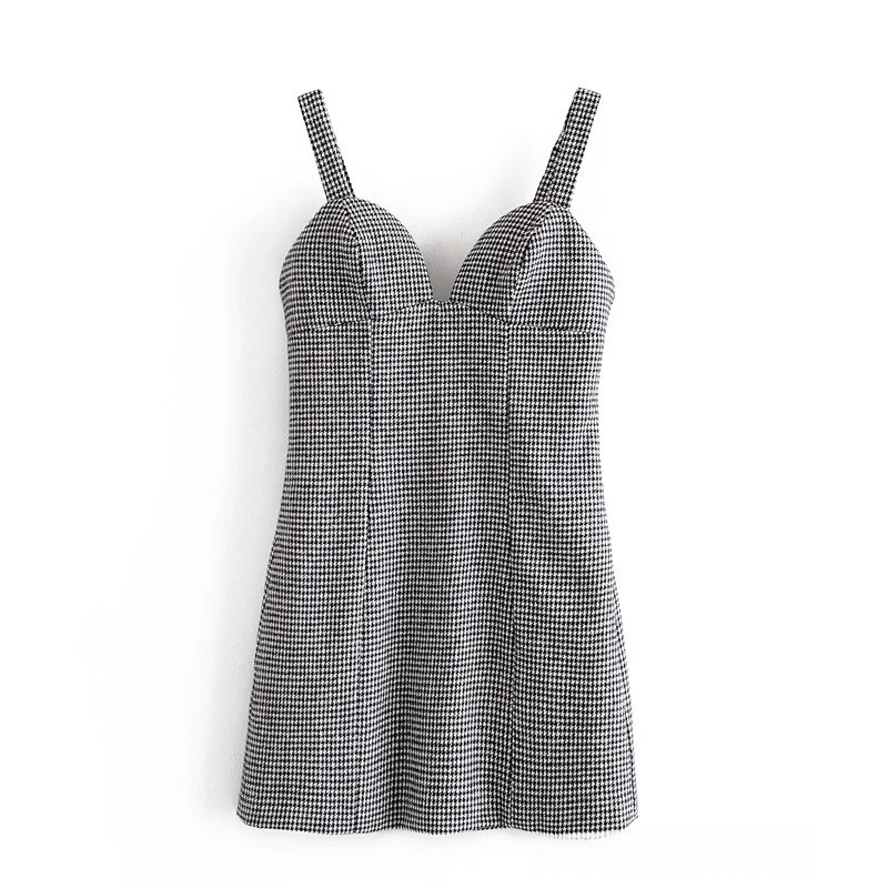 レトロ春夏セクシーミニチェック柄ドレスバックジッパーデザインストリートスタイルハイウエストVネックAラインスカートノースリーブ