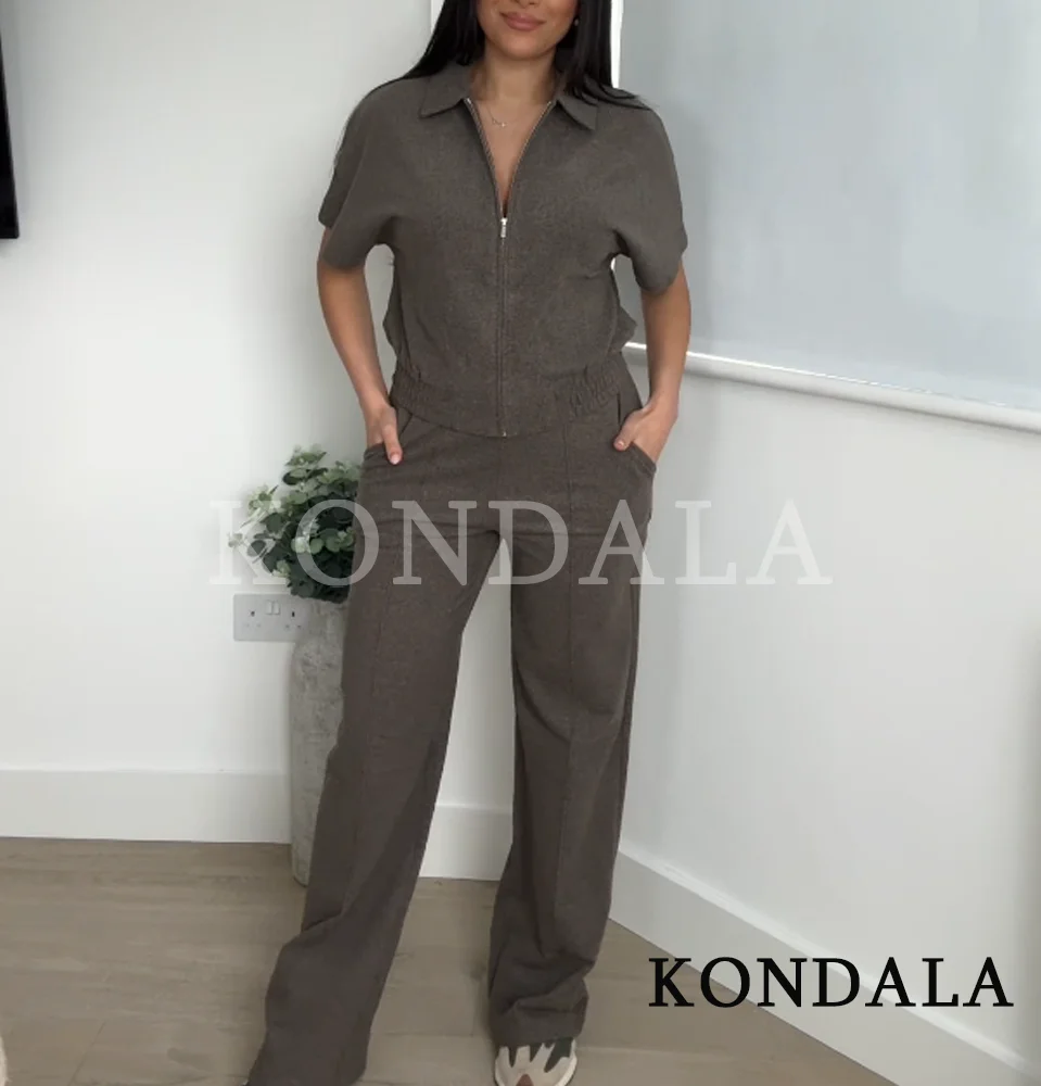 ชุดเซ็ตเสื้อผ้าผู้หญิง KONDALA สำหรับฤดูใบไม้ร่วง ประกอบด้วยเสื้อแจ็คเก็ตแขนสั้นแบบมีปกติดซิป และกางเกงขายาวเอวยางยืด แฟชั่นฤดูใบไม้ร่วงปี 2025 ดีไซน์หรูหรา