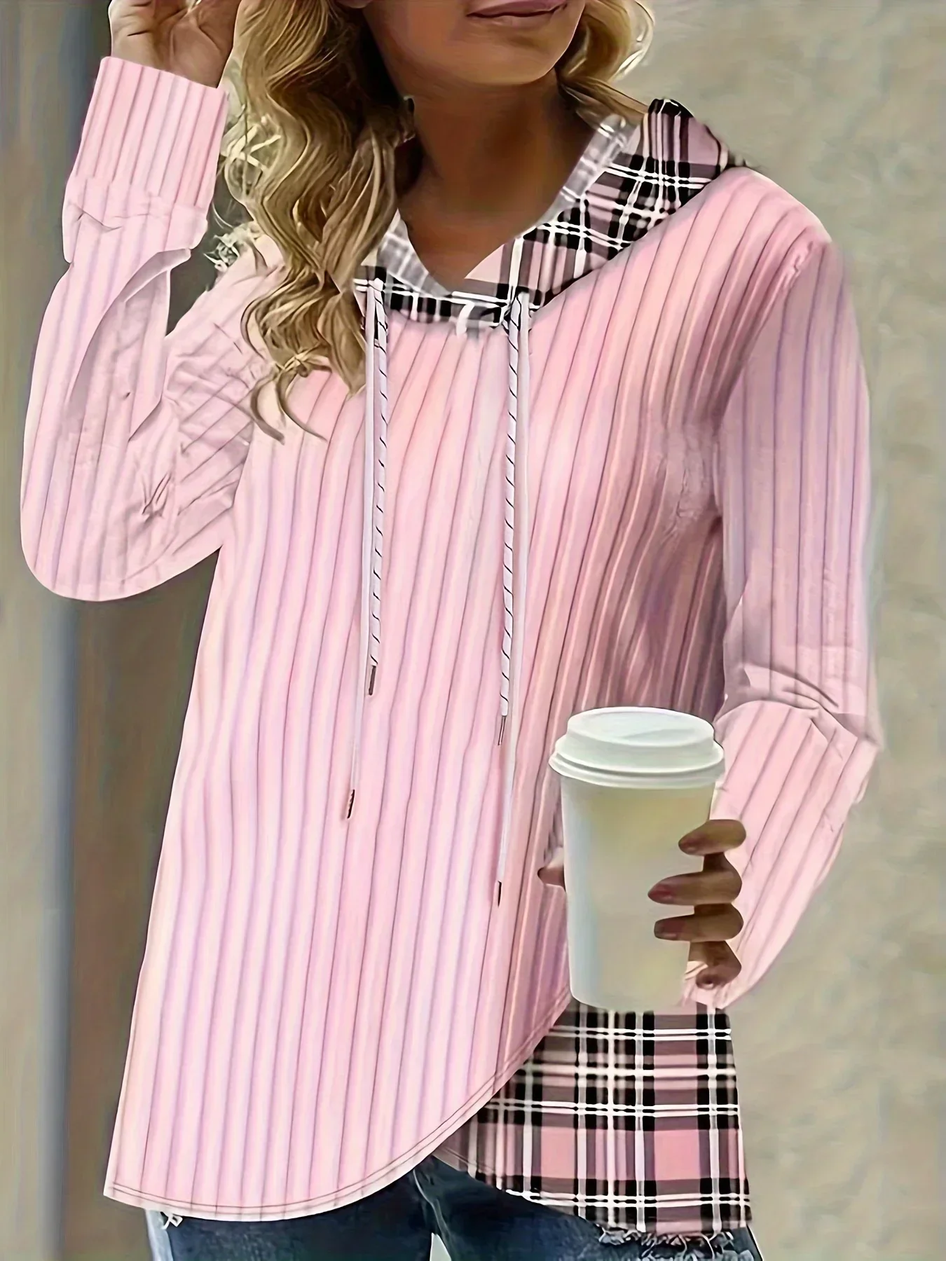 

Women Plus Size 1XL-5XL Casual Hoodie Sweatshirt Pullover Women's Colorblock Plaid Print Long Sleeve Drawstring Hoodie