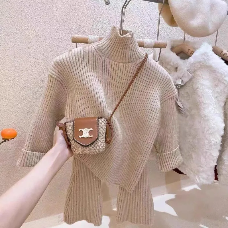 

TOY-Children's Clothing Autumn Winter Girls' Solid Color Sweater Base Shirt Flared Pants Set Baby Casual Ribbed Two-Piece Set Tr