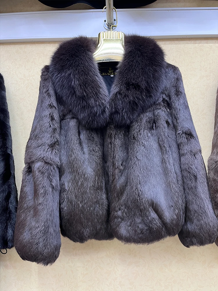 100% Genuine Whole Skin Real Rabbit Fur Coat With Luxury Natural Fox Fur Collar Jacket Full Pelt Rabbit Fur Overcoat