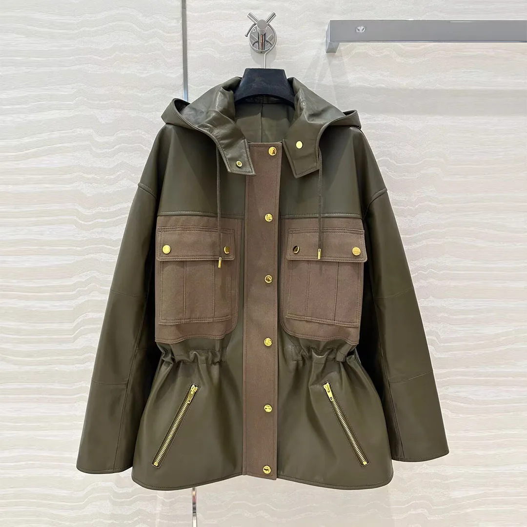 

Retro Parker Sheepskin Coat Women Army Green Zipper Pockets Hooded Long Sleeve Drawstring Belt Leather Long Jacket Cool Outwear