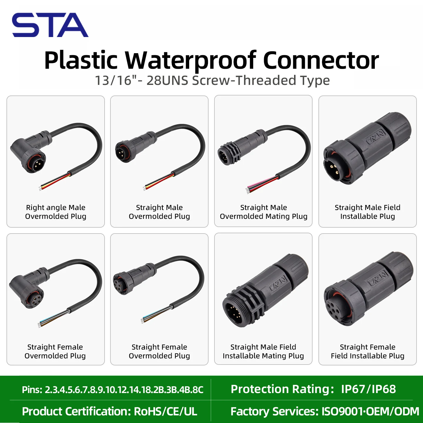 Custom Cable Processing IP67Waterproof Connector  2 3 4 5 6 7 8 9 10 12 14 18pins Male Female Molded Plug Panel Mount PCB Socket