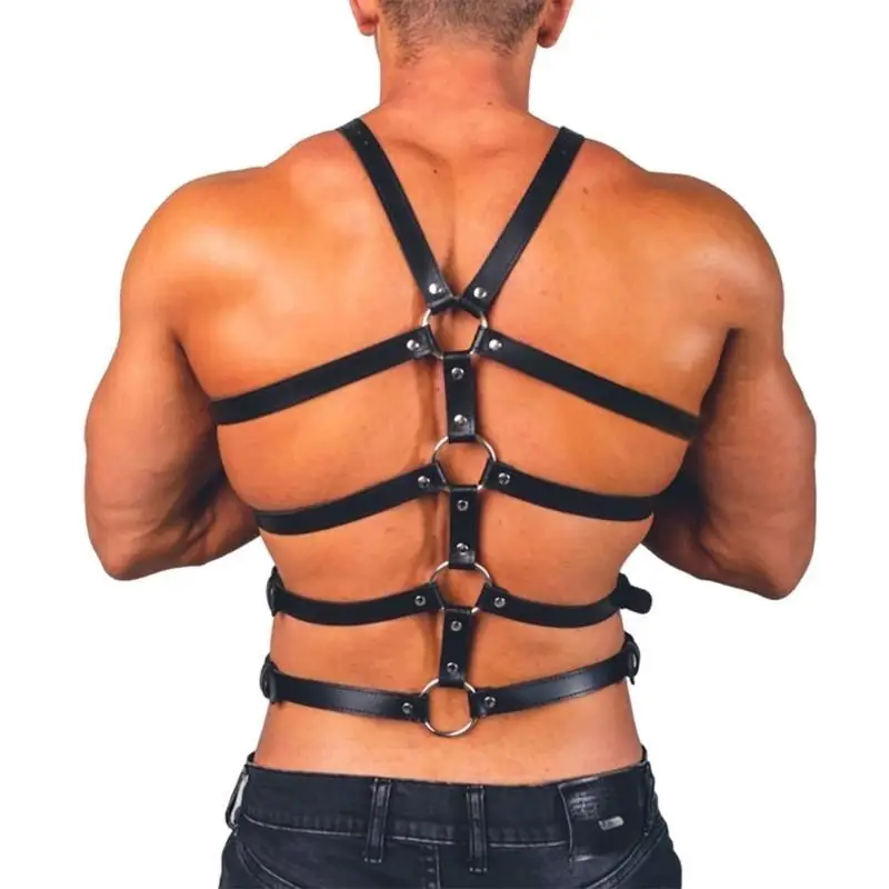 R1WE heren bretels harnas, zwart PU lederen harnas voor heren mode punk riem