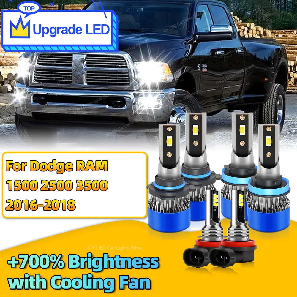 6Pcs 30000LM LED Headlights Canbus Car Lamp HB3 H11 Auto Fog Lights Bulb For Dodge RAM 1500 2500 3500 2016 2017 2018 6000K