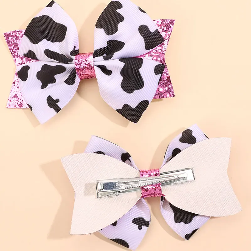 2pcs Fashion Ribbon Cow Printing Hairpins Girls Glitter Hair Bow Clips Sweet Hairgrip Barrette Kids Headwear Hair Accessories