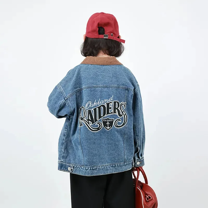 4-15 Year Girls Denim Coat Button Pocket Letter Embroidery Kids Jackets for 2023 Spring Autumn New Fashion