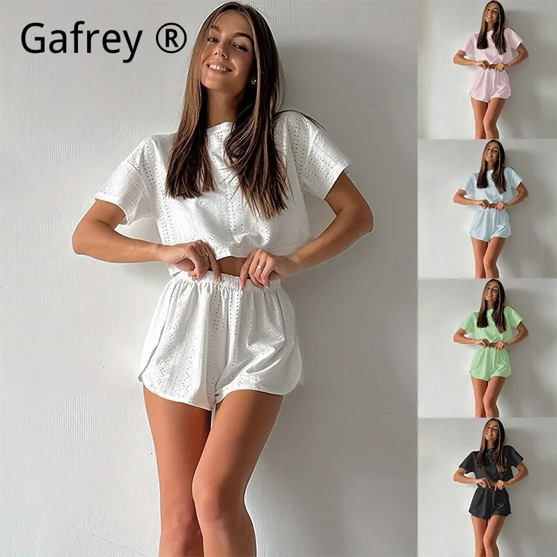 

Women Sexy Hollow Out Pajama Set Side Slit Short Sleeve Shorts Two Piece Breathable Summer Lounge Wear Alluring Sleep Suit New