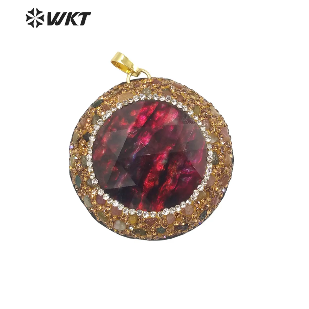 WT-P1873 Wholesale fashion gold bezel Magic Red shell pendants with Tourmaline stone charms on edge Delicate round plate pendant