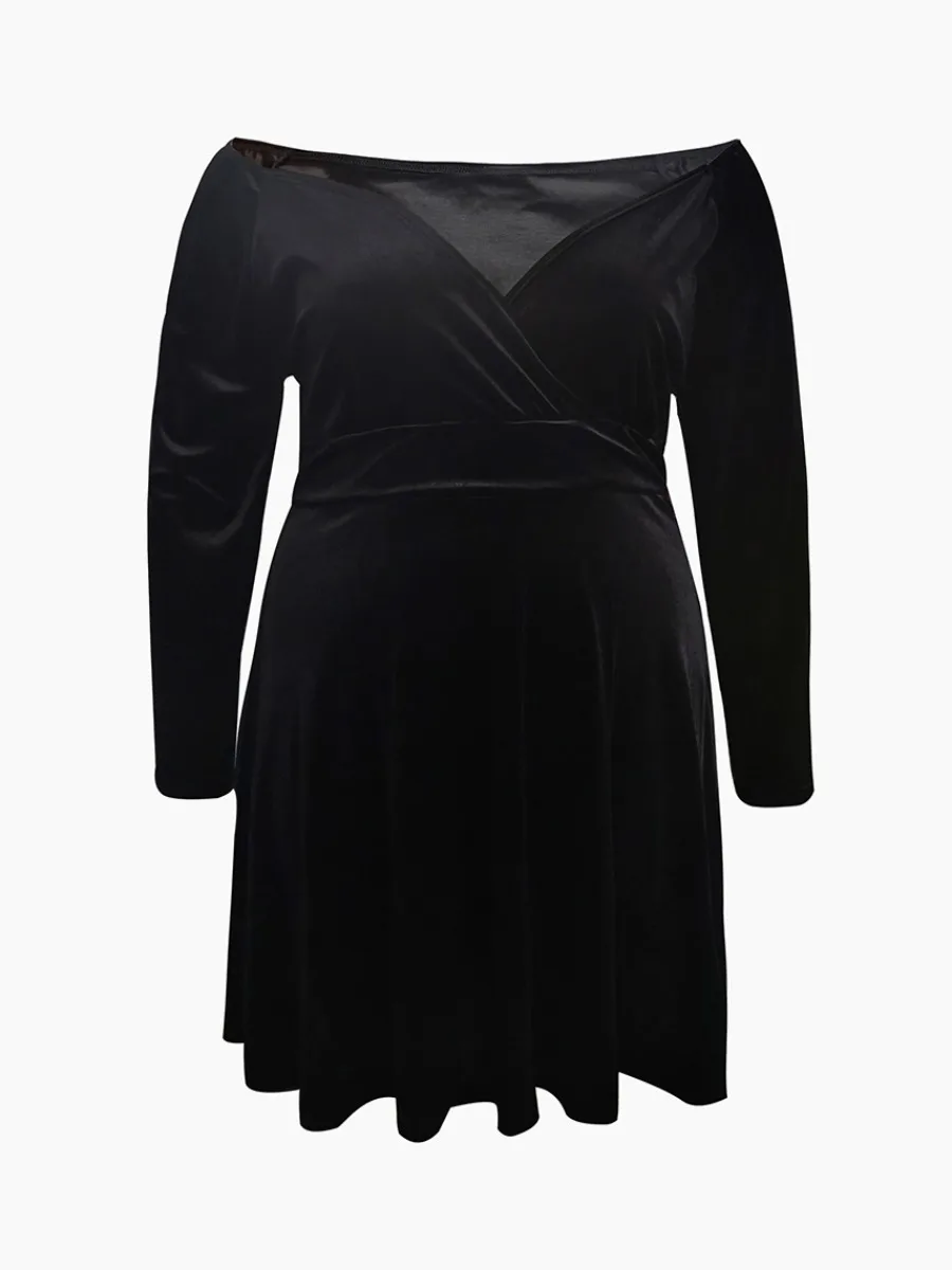 LW BASICS Plus Size party dress Velvet V Neck Dress Vintage Black Dress Sexy long sleeve Elegant Mini Party Dresses Vestidos