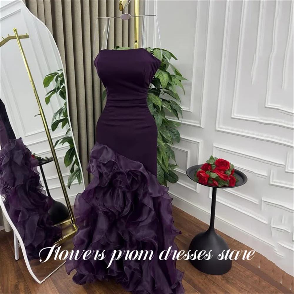 

Flowers Purple Satin Formal Gown Strapless فساتين السهرة Tiered Ruffle Evening Dress Mermaid Modern Style Customized