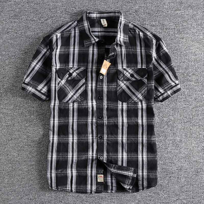 Summer New American Retro Short Sleeve Lapel Classic Plaid Shirt Men\'s Fashion 100% Cotton Washed Double Pocket Casual Blouses