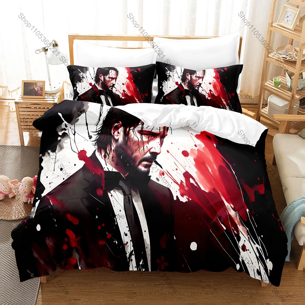 Moody Black Gold John Wick Character Print Duvet Cover + 2 Pillowcases Twin Full Queen King Movie Bedding Set