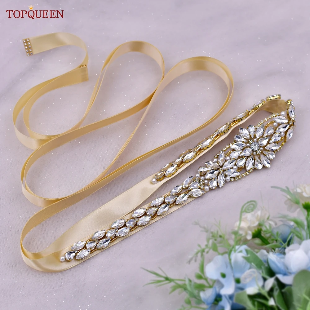 TOPQUEEN Cintura da sposa Cintura di lusso con strass dorati Cintura da sposa con nastro per fidanzata con diamanti femminili S131