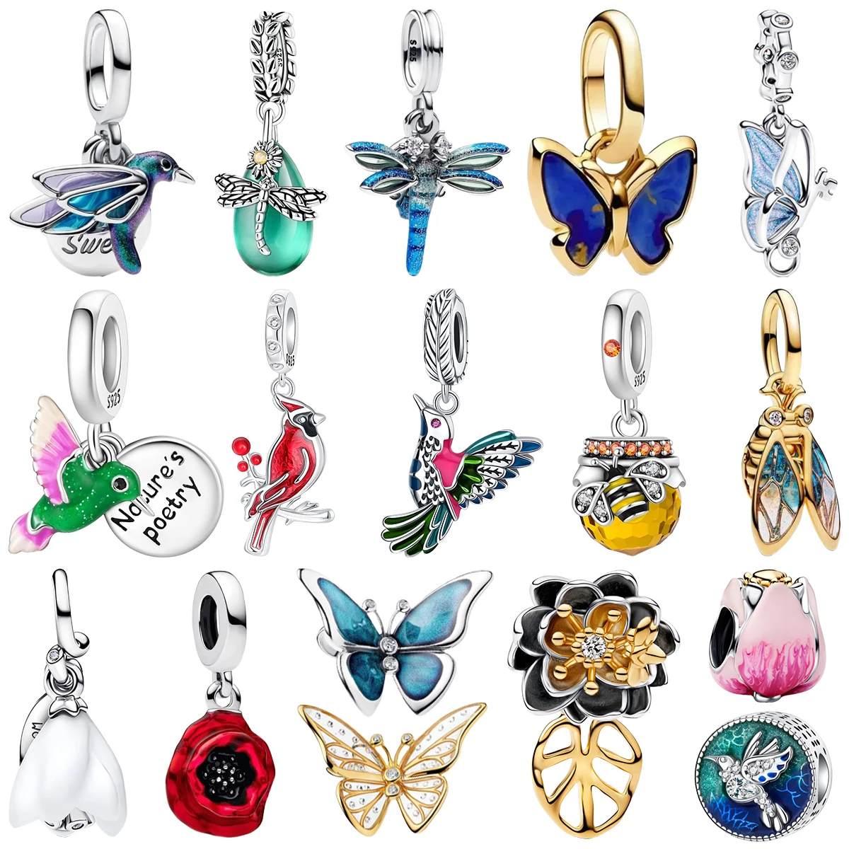 925 Silver 3D Sculpted Pave Gem Butterfly Honey Pot Hummingbird Dragonfly Rose Charms Pink Tulip Beads DIY Jewelry Fit Bracelet