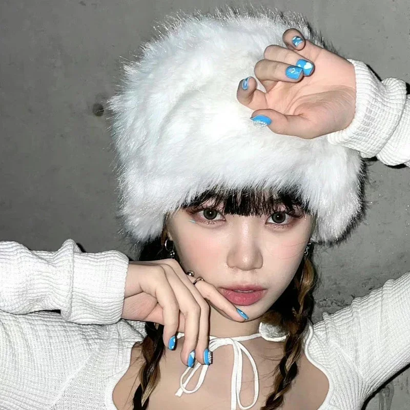 K-pop Idol Outfit Women White Fluffy Hat Y2k Clothes Jazz Dancewear Streetwear Stage Costume Music Festival Clothing JL5115