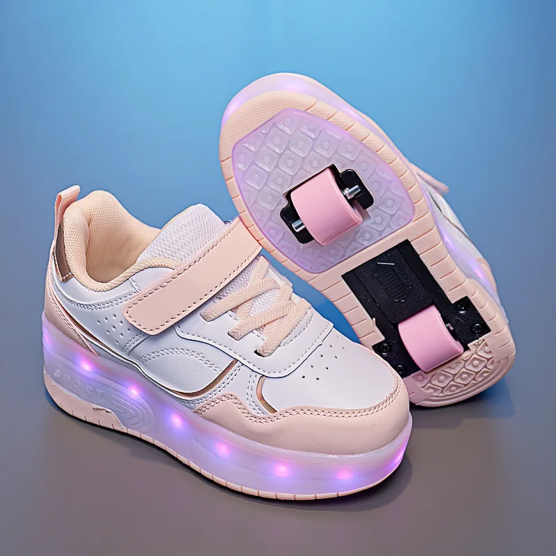 LED Two Wheels Unisex Children Shoes Fashion PU Leather USB Recharge Roller Skates Breathable Kids Sneakers Size 28-38