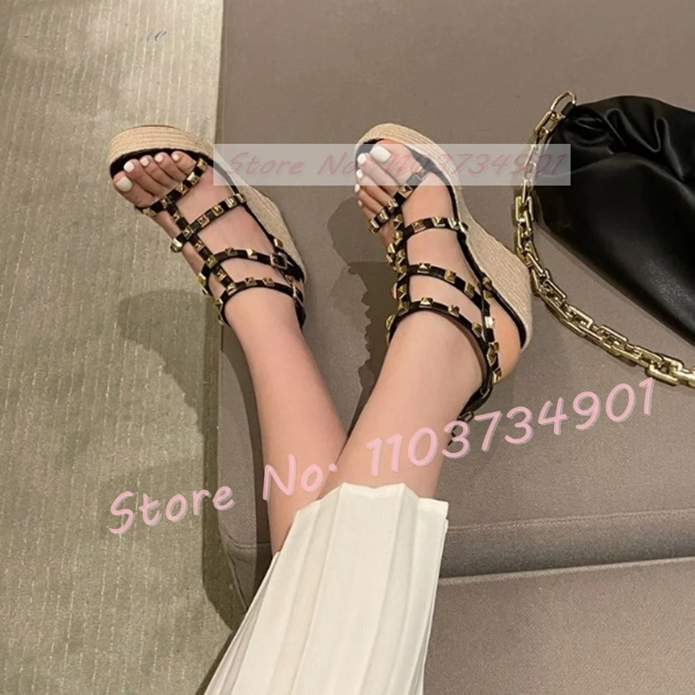 

Rivet Raffia Woven Wedge Sandals Female Summer Genuine Leather Ankle Strap Open Toe Shoes Lady Casual Elegant Solid Party Sandal