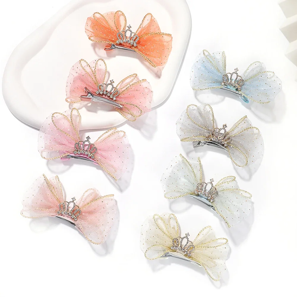 2pcs Girls Hair Clip Organza Bow Hairpins Kids Barrettes Zircon Crown Hair Ornaments Children Princess Baby Hair Accessories