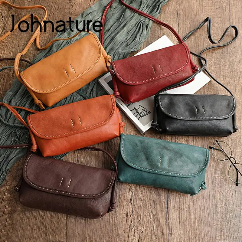 Johnature Handmade Retro Soft Cow Leather Women Bag 2024 New Simple Solid Color Shoulder Bags Leisure Ladies Small Messenger Bag