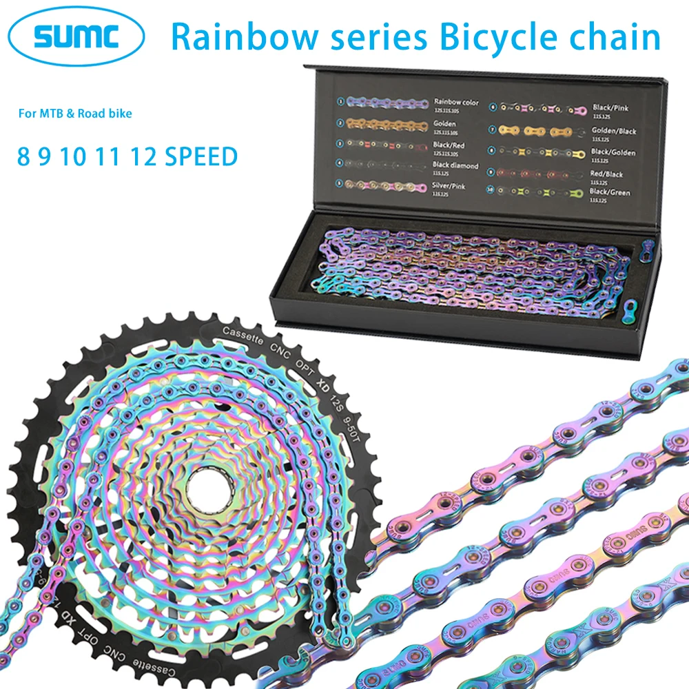 SUMC Bicycle Chain 9/10/11/12 Speed Rainbow Chain Hollow Semi-hollow Chain Magic Buckle Road Bike MTB Compatible 116/126L Weight