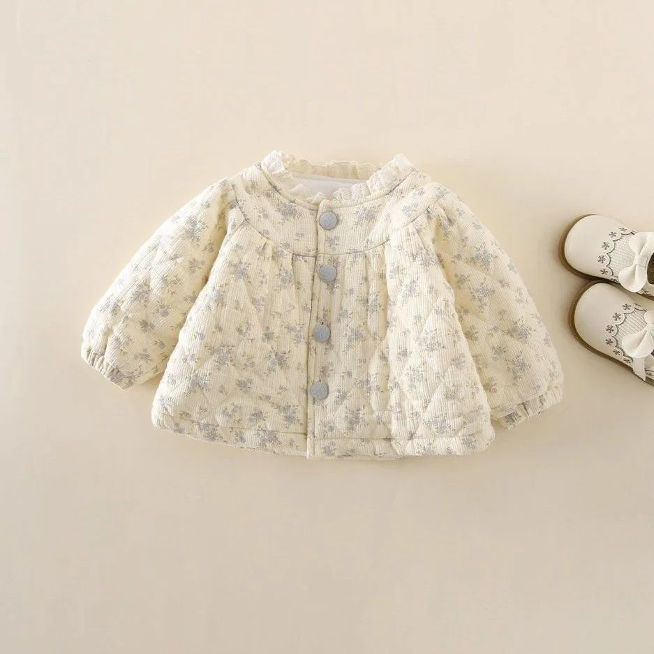 Coat Autumn and Winter Clothing Cotton Jacket for Babies Stylish Children Korean Version Lace and Lace Thickened Floral Patterns