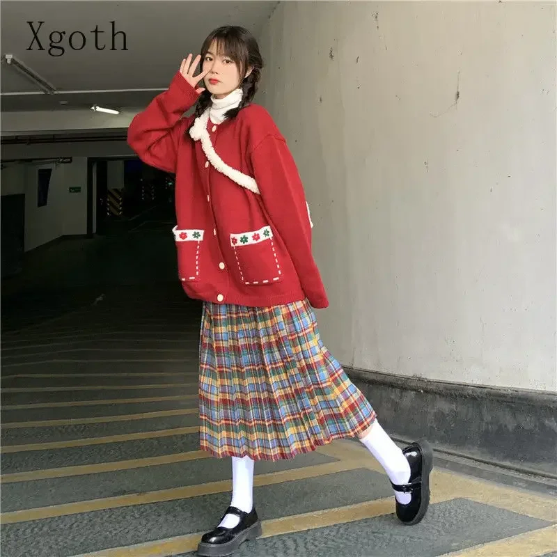 Christmas Rainbow Plaid Fleece Pleated Skirt Japan Style Versatile High Waist Slim Half Skirt Mid Lengt Spring Summer Y2k Skirt