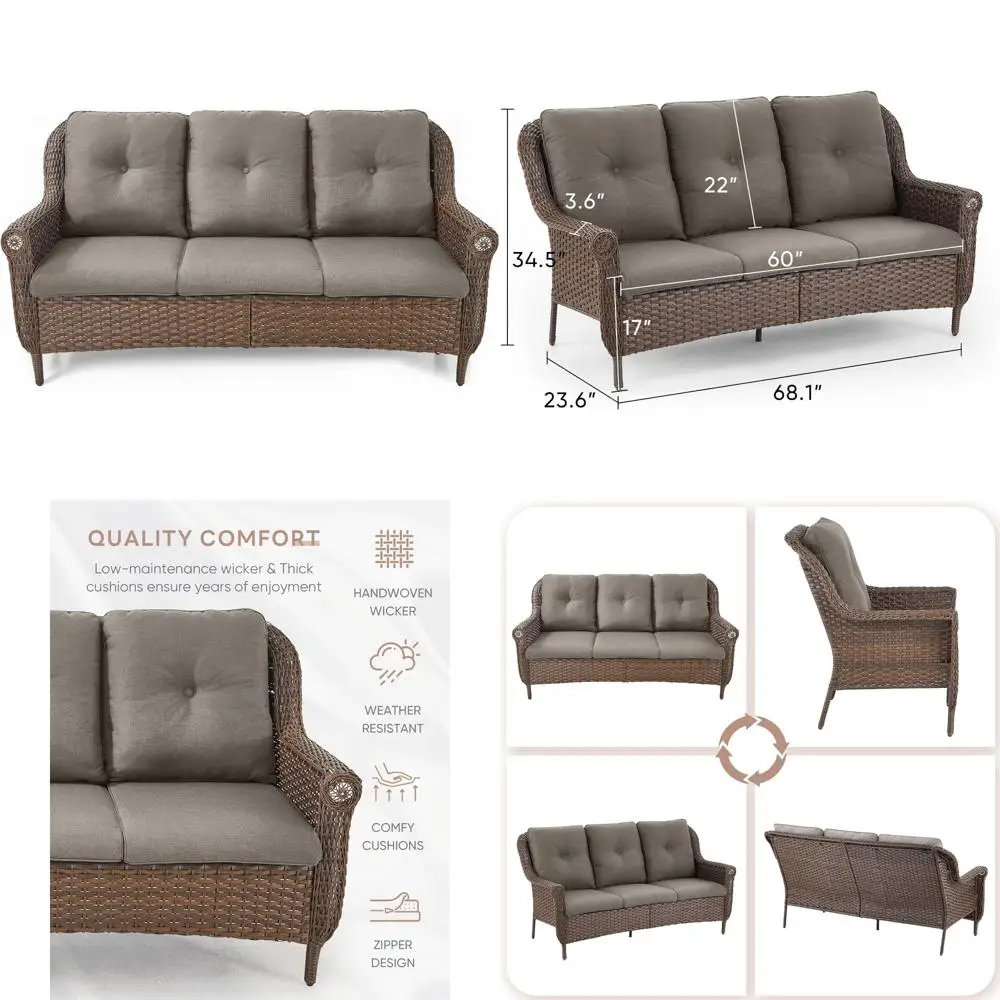 

Heavy-Duty Outdoor Wicker 3-Seater Sofa - All-Weather Brown Rattan with High Back and Thick Cushions for Patio Comfort