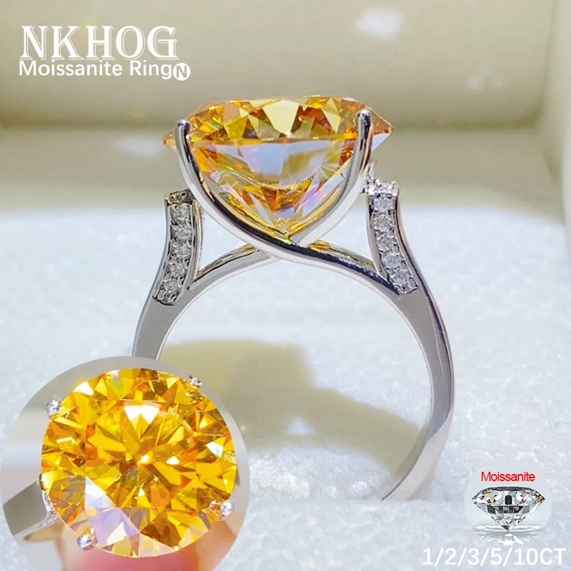 

NKHOG 1/2/3/5/10CT Yellow Moissanite Ring S925 Sterling Silver Plated 18K Women VVS Diamond Wedding Band Rings Gifts Jewelry GRA