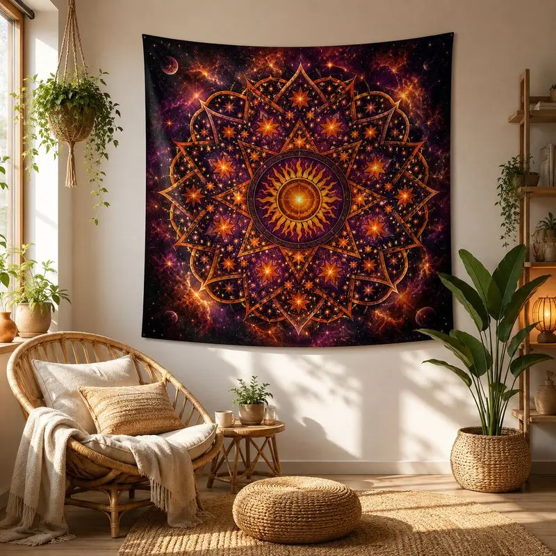 VIKAMA Rainbow Cosmic Mandala Tapestry, Galaxy Sun Star Wall Hanging, Spiritual Boho Art Blanket for Bedroom Dorm Home Decor