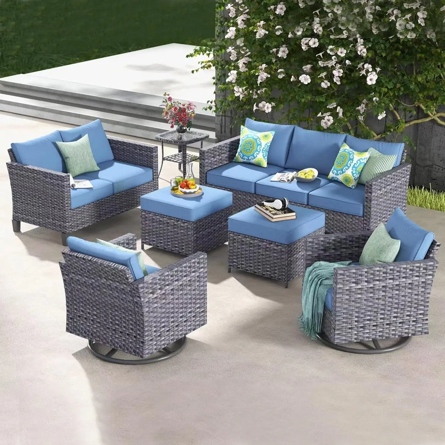 

Patio Furniture Set, 7-Piece Outdoor Wicker Rattan Sofa with Swivel Rocking Chair, Comfortable Back Cushions, Denim Blue