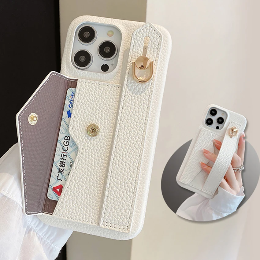 

Leather Card Pocket Phone Case For Iphone 16 15 14 13 Pro 12 11 Max Plus 16Pro Wristlet Phone Case Luxury 15Pro Cover Hard Shell