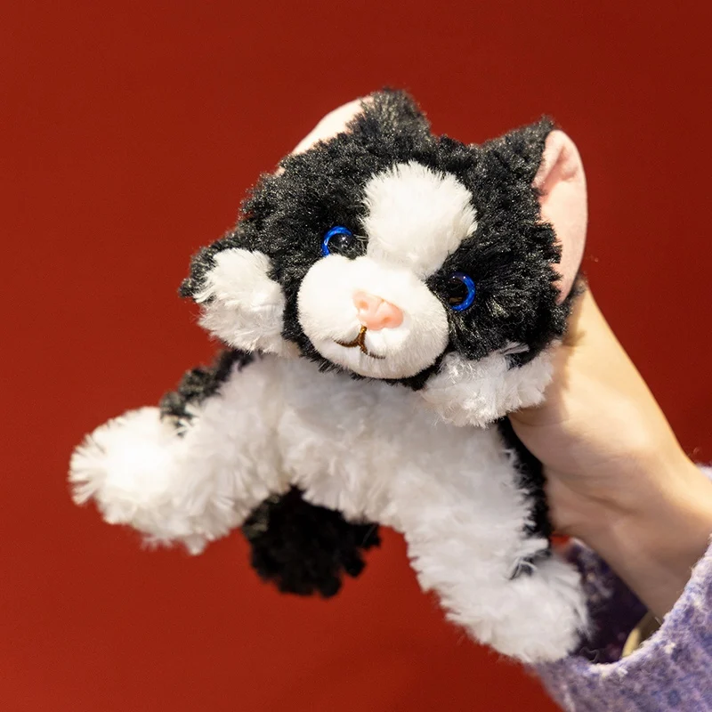 Healing Series Schwarz-weiße deutsche Katze Plüschpuppe 25 cm langes Bein Haustier Deutsches Rex Plüschtier Kindergeburtstagsgeschenk Weihnachtsgeschenk