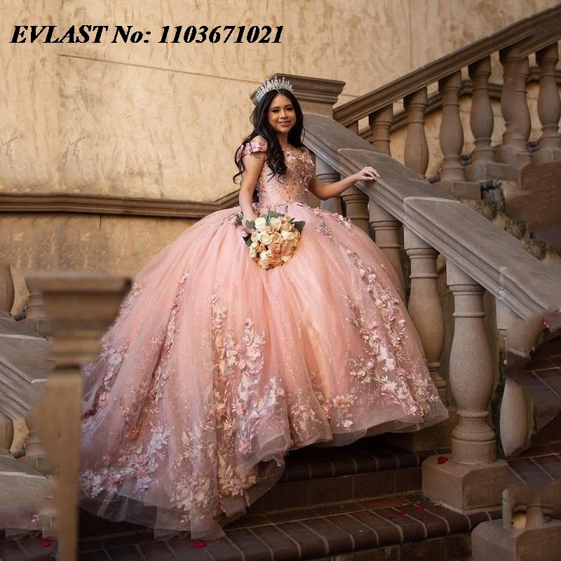 EVLAST gaun manik-manik Applique bunga 3D gaun bola gaun merah muda Quinceanera Meksiko Gaun gaun 16 manis Vestidos De XV 15 Anos SQ32