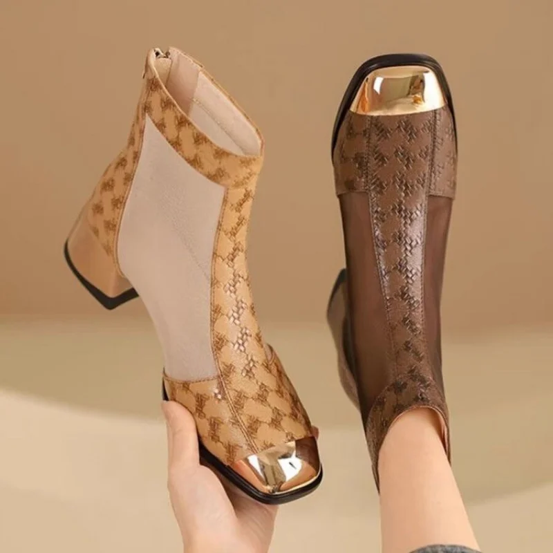 

2025 Spring Summer Autumn Mesh Short Soft Leather Retro Niche Light Luxury Women's Short Boots