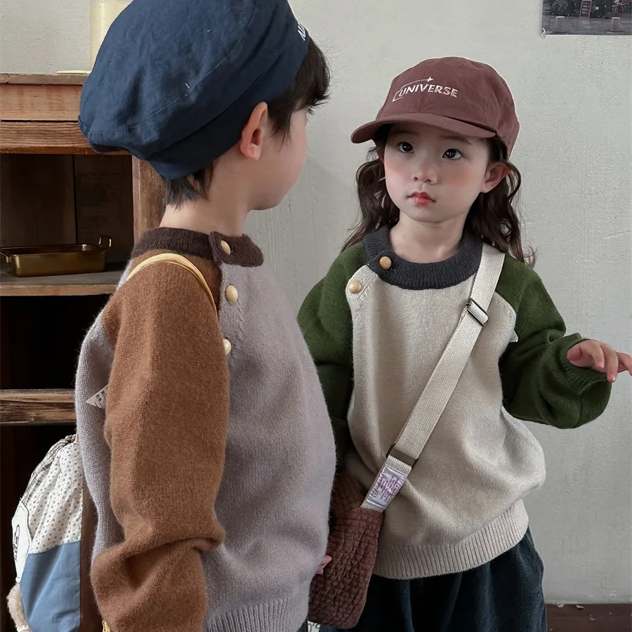 

Kids Sweater Autumn/Winter Color Blocking O-Neck Boys Knitwear Sweaters Warm Loose Childrens Tops Girls Baby Casual Knit Tops