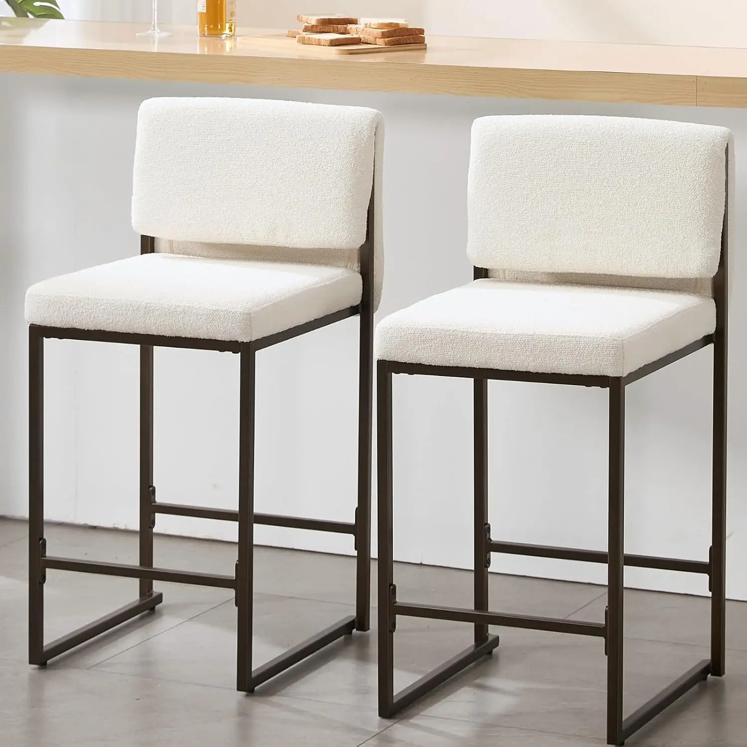 

Modern Barstools Set of 2, 26” Upholstered Counter Height Bar Stools Sherpa Fabric Counter Stools with Padded Back Meta