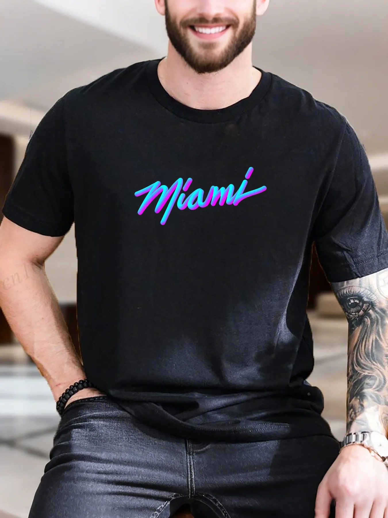 

Men's Printed Short Sleeve T-Shirt - 100% Cotton Comfortable Casual Stylish, Blue & Pink'Mom' Letter Print Trendy Top, Summer D