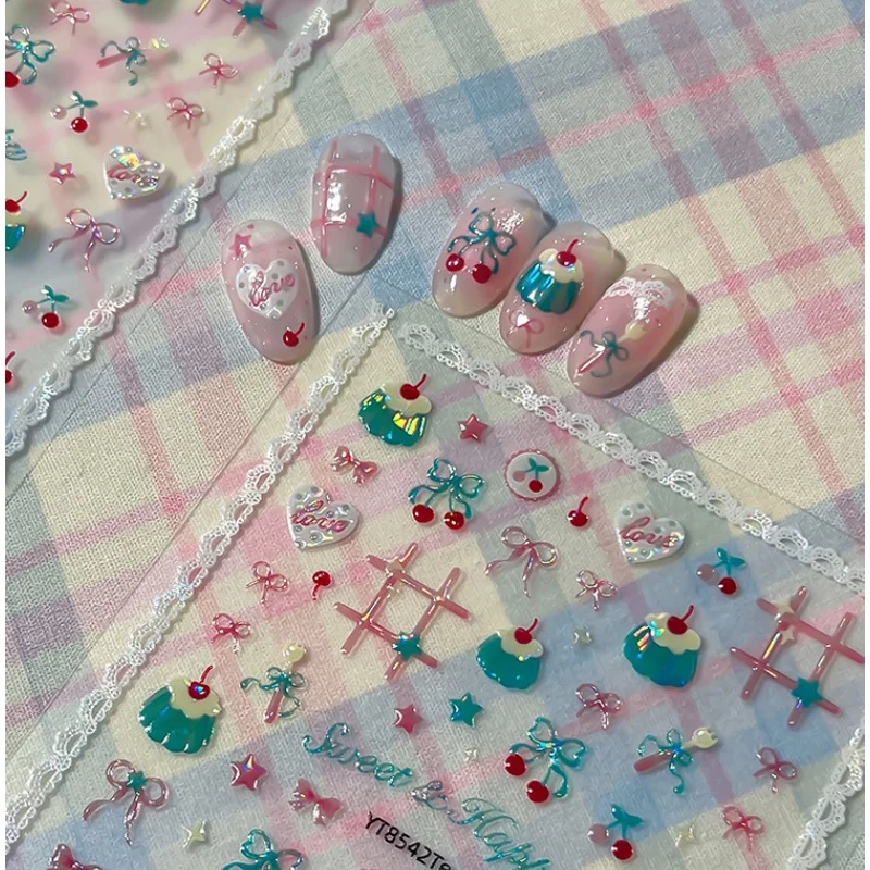 1Pcs Cute Summer Red Cherry Nail Stickers Shiny 5D Cake Bow Pattern Self Adhesive Nail Art Sticker for DIY Nail Art Decorations