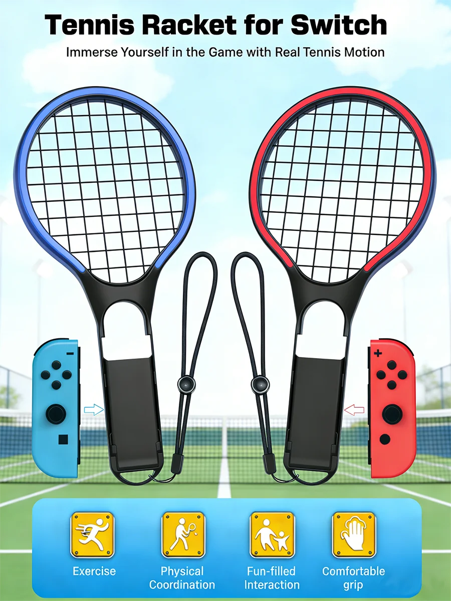 2 Packs Tennis Racket for Nintendo Switch Hand Grip Holder Accessories for Joycon Controllers for Mario Tennis Aces Sports Games
