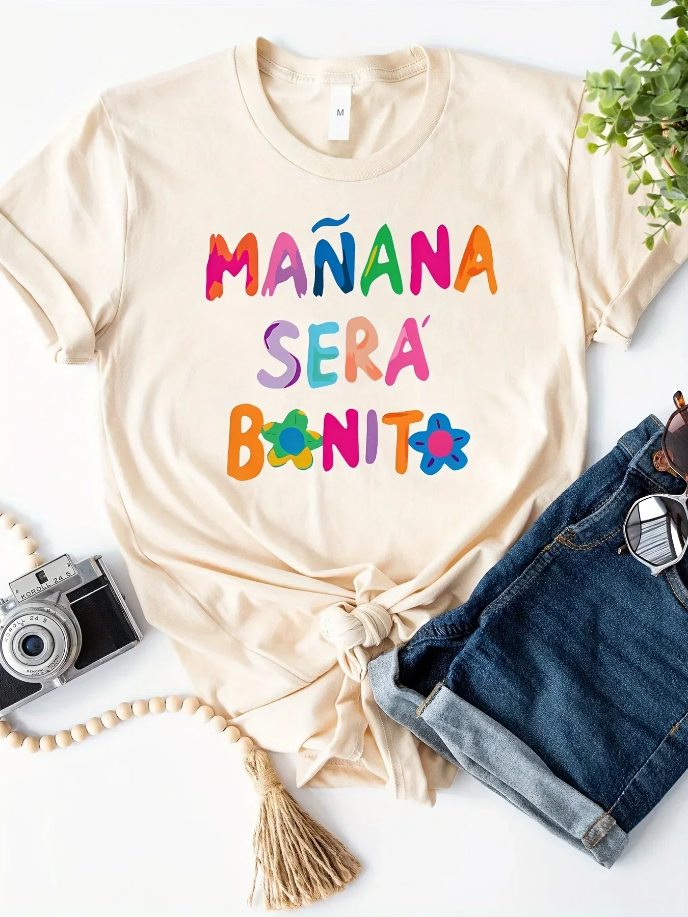 Camiseta con estampado de lettersTop غير رسمية de manga corta con cuello redondo ropa de verano y Prima para mujerropa