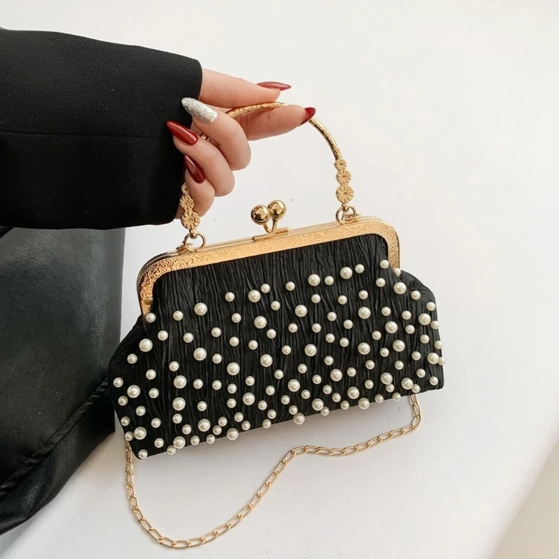 E74B Women\'s Fashion Evening Clutch Handbag Embellished Evening Party Purse with Metal Chain Shoulder Bag