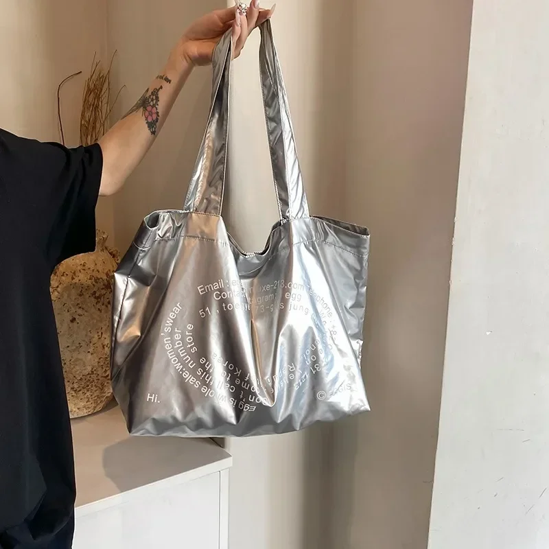 Korean Style Silver Shoulder Bag Handbag Minority Design Waterproof Tote Bag French Style Solid Color Underarm Bag Women