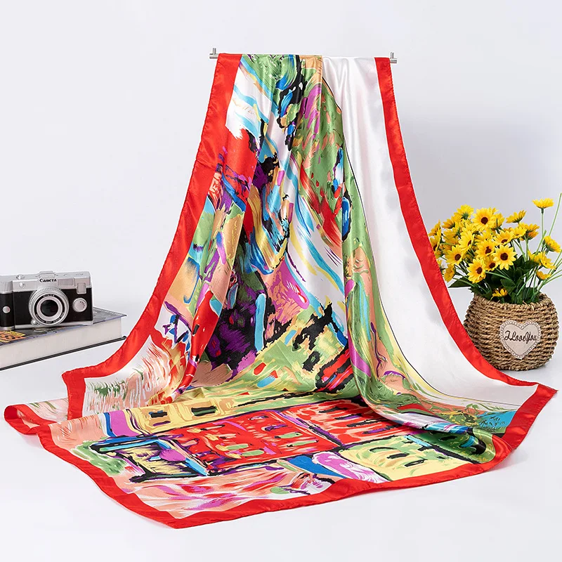 

Silk Simulation Scarf Fashion Shawl Brand Van Gogh Oil Painting Square Scarf Women Hijab Bandana Foulard Head Scarves 90x90CM