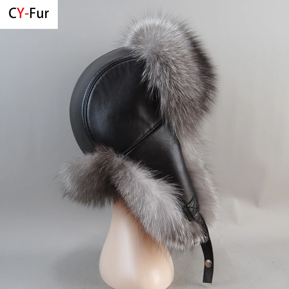 Winter Men's 100% Real Silver Fox Fur Bomber Hat Raccoon Fur Ushanka Cap Trapper Russian Man Ski Hats Caps Real Leather