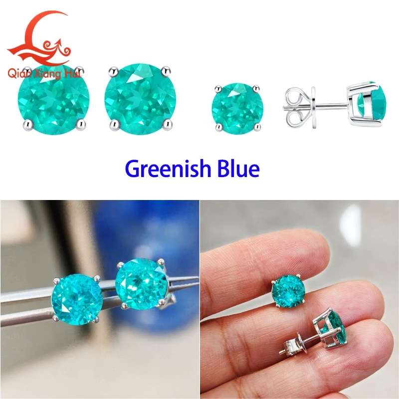 YAG Neon Paraiba Blue and Green Ear Stud 5-9mm with Inclusions Round Shape S925 Silver Earrings Jewelry view 3