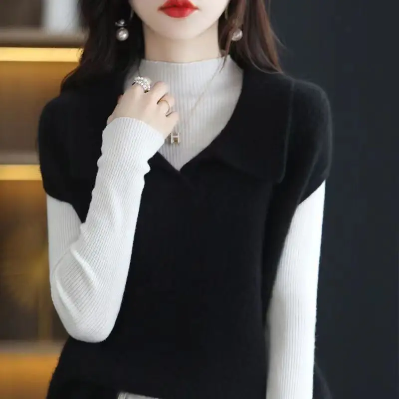 Stylish Turn-down Collar Spliced Sweater Vest Casual Sleeveless Autumn Winter Female Clothing Solid Color Korean Loose Jumpers