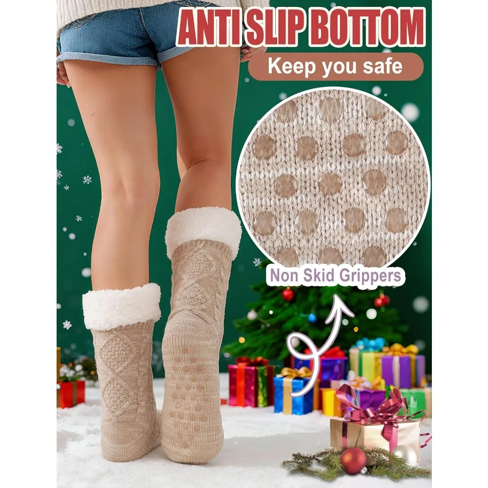 여성용 슬리퍼 퍼지 양말, 푹신하고 아늑한 겨울용 따뜻한 부드러운 플리스 편안한 두꺼운 양말, 미끄럼 방지 기능 포함