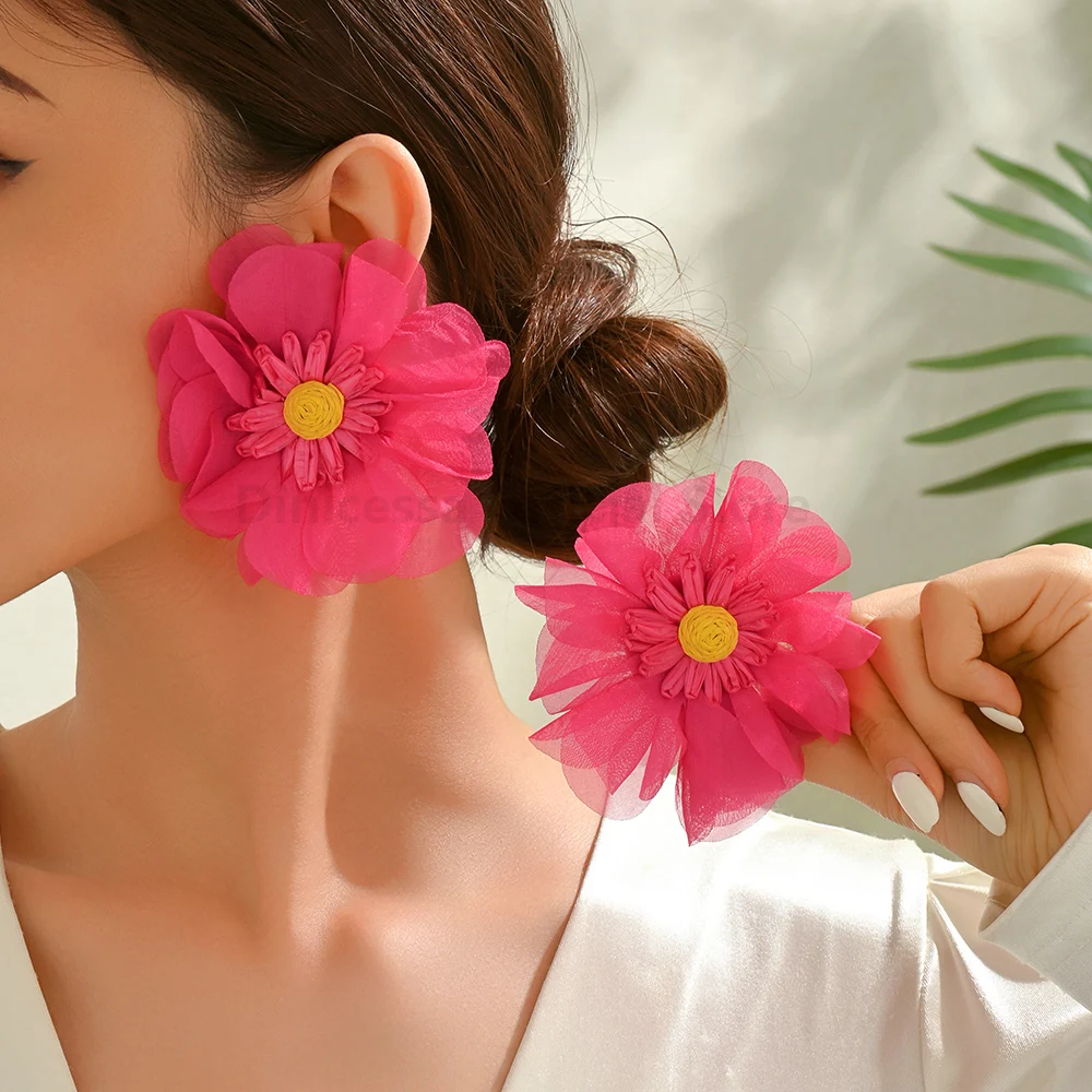 Elegant Lafite Fabric Large Flower Earrings Classic Fashionable Romantic Sweet for Ladies Daily Parties Picnics Jewelry