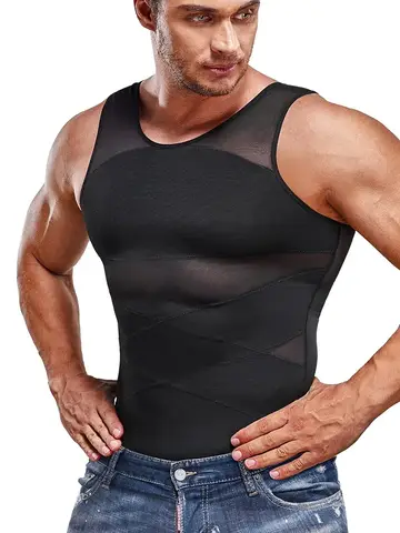 남성용 압축 셔츠, 크로스 메쉬 조끼, 통기성 민소매 보정속옷 탱크 탑, 슬리밍 배 제어 바디 셰이퍼